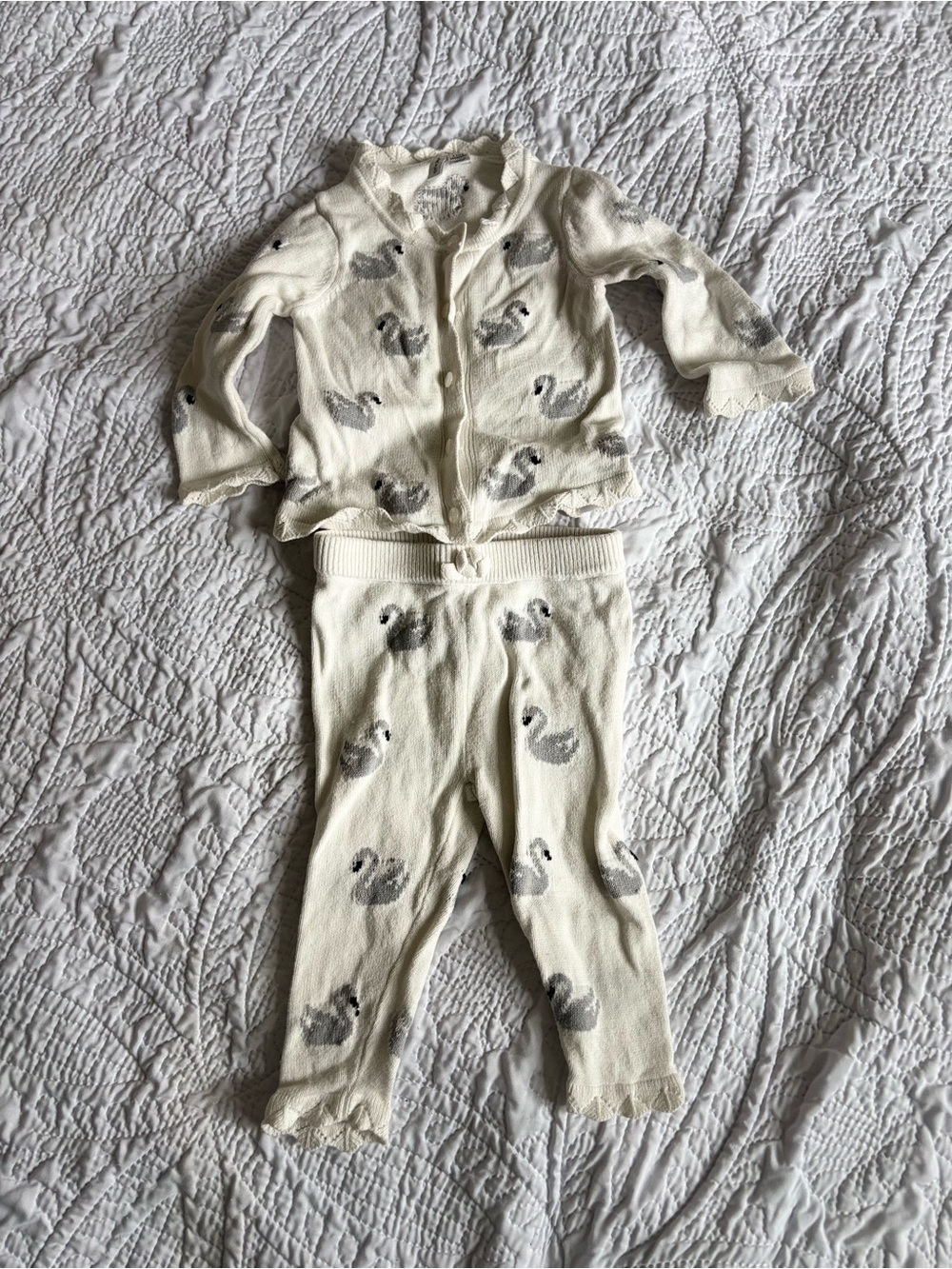 Janie and Jack Cream Knit Swan Matching Set with Gray Accents